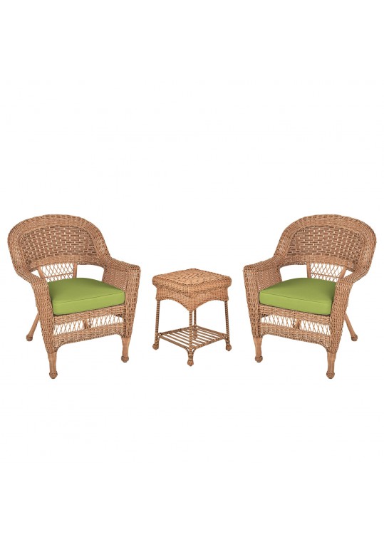 Honey Wicker Chair And End Table Set With Sage Green Chair Cushion