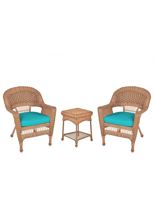 Honey Wicker Chair And End Table Set With Turquoise Chair Cushion