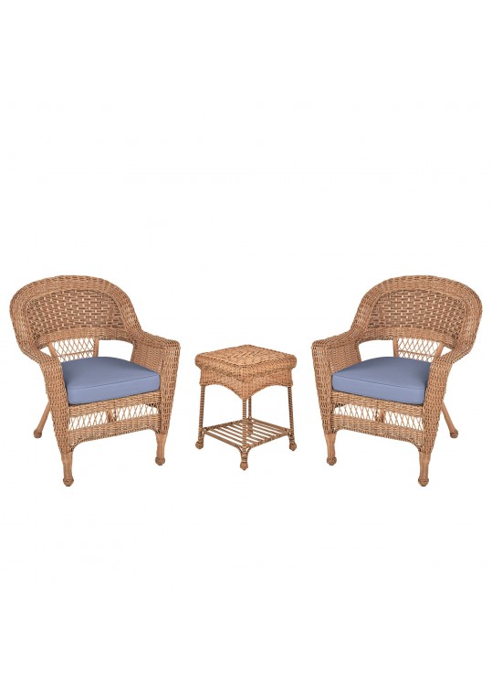 Honey Wicker Chair And End Table Set With Steel Blue Chair Cushion