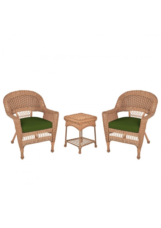 Honey Wicker Chair And End Table Set With Hunter Green Chair Cushion