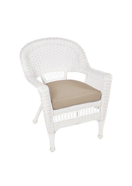 White Wicker Chair With Tan Cushion