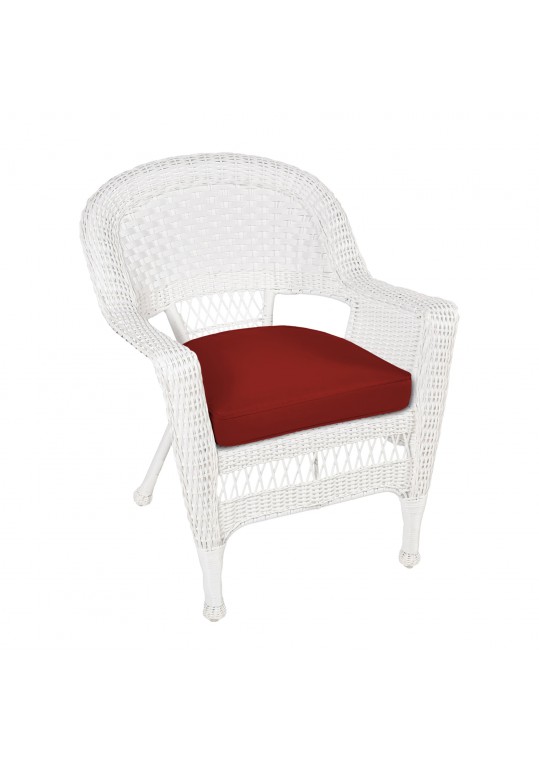 White Wicker Chair With Brick Red Cushion