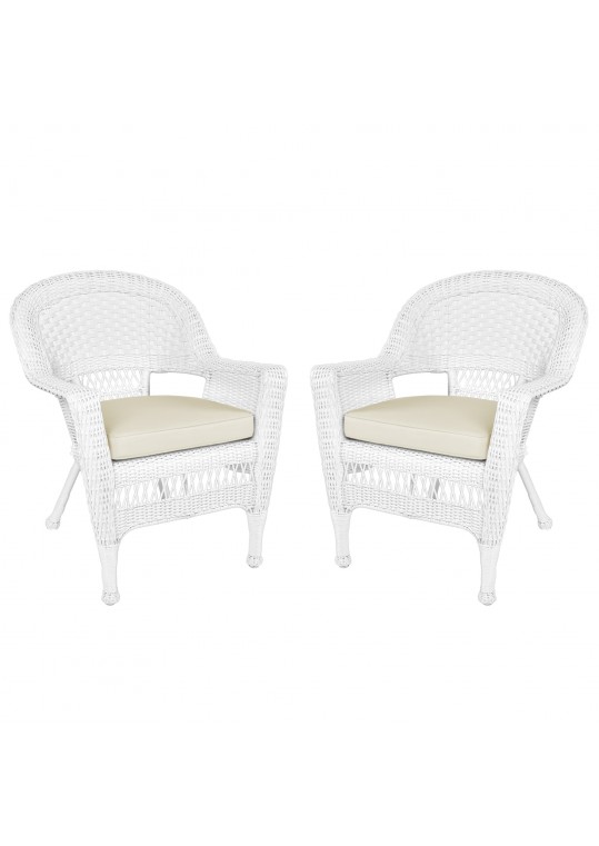 White Wicker Chair With Ivory Cushion - Set of 2