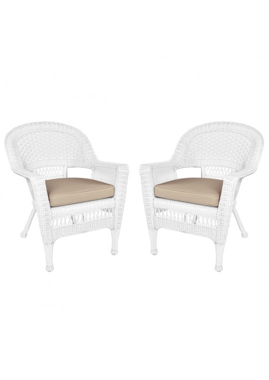 White Wicker Chair With Tan Cushion - Set of 2