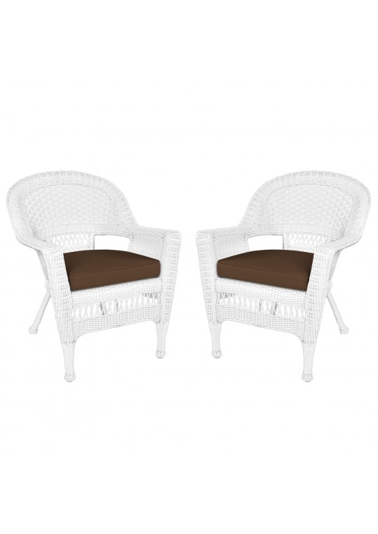 White Wicker Chair With Brown Cushion - Set of 2