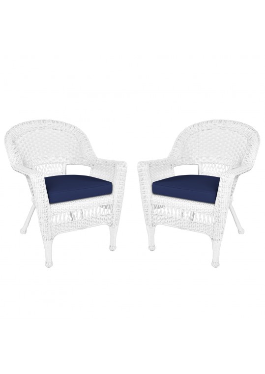 White Wicker Chair With Midnight Blue Cushion - Set of 2