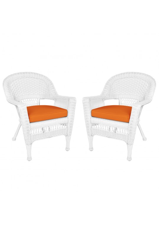 White Wicker Chair With Orange Cushion - Set of 2