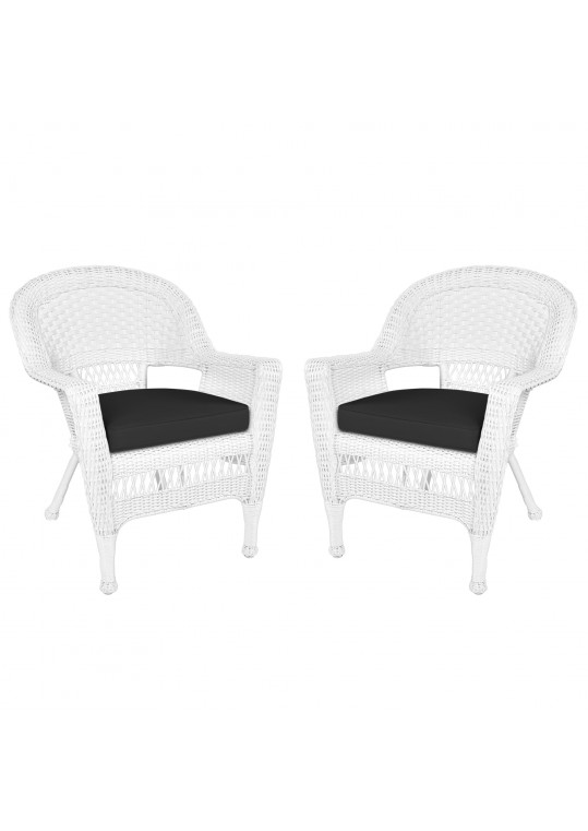 White Wicker Chair With Black Cushion - Set of 2