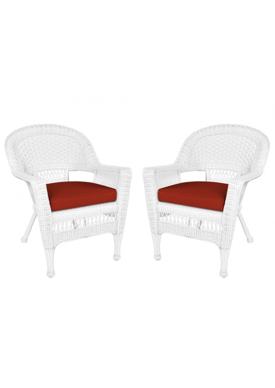 White Wicker Chair With Brick Red Cushion - Set of 2