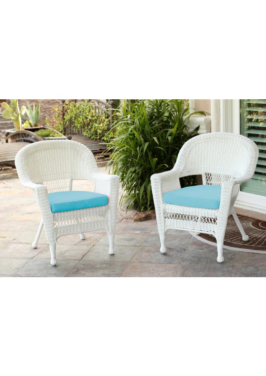 White Wicker Chair With Sky Blue Cushion - Set of 2