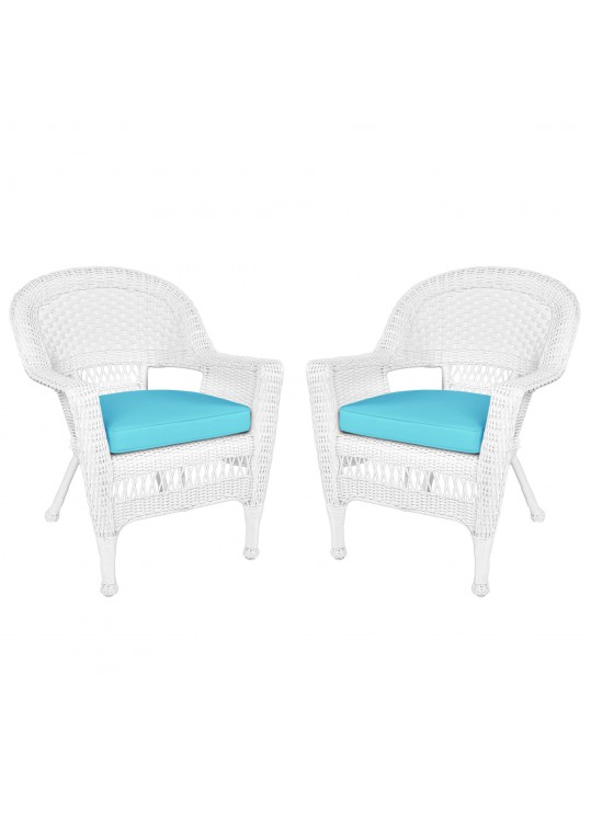 White Wicker Chair With Sky Blue Cushion - Set of 2