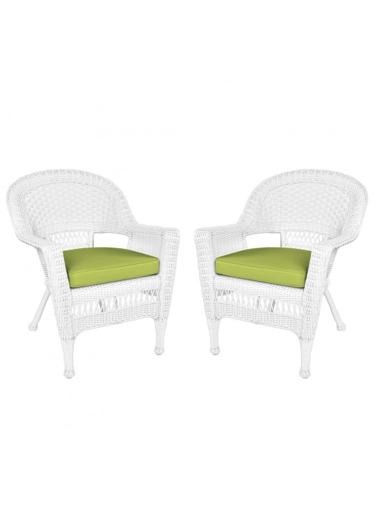 White Wicker Chair With Sage Green Cushion - Set of 2