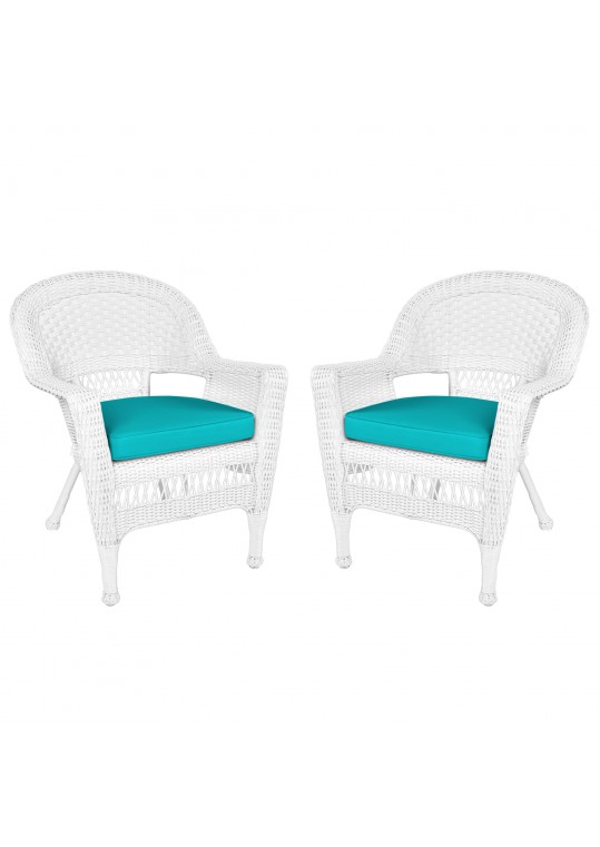 White Wicker Chair With Turquoise Cushion - Set of 2