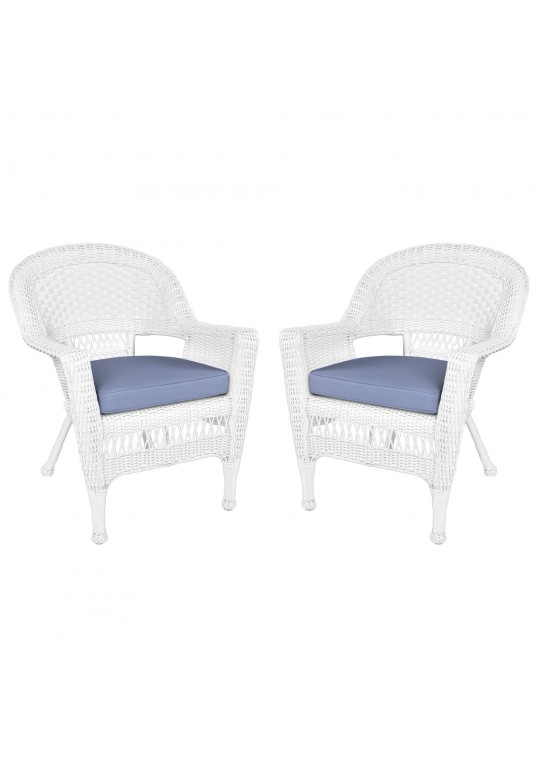 White Wicker Chair With Steel Blue Cushion - Set of 2