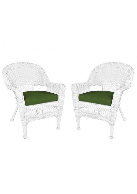White Wicker Chair With Hunter Green Cushion - Set of 2