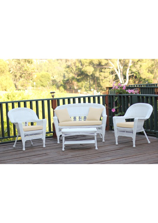 4pc White Wicker Conversation Set - Ivory Cushions