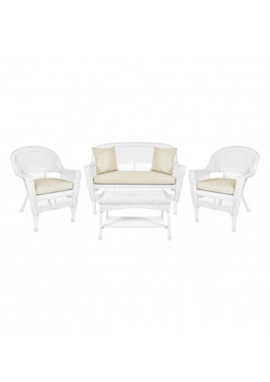 4pc White Wicker Conversation Set - Ivory Cushions