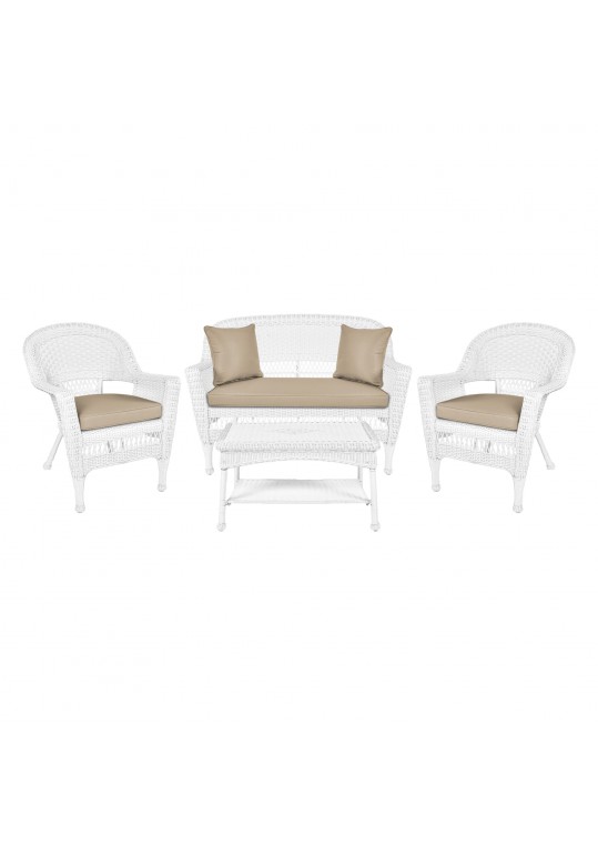 4pc White Wicker Conversation Set - Tan Cushions