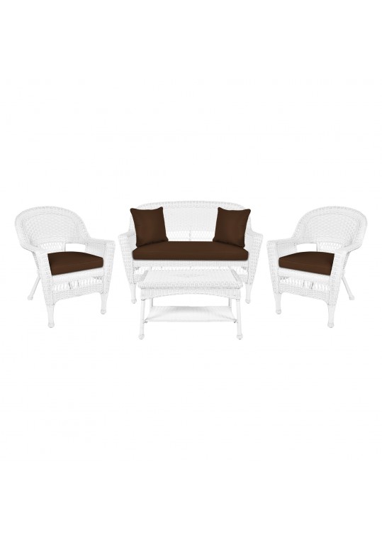 4pc White Wicker Conversation Set - Brown Cushions
