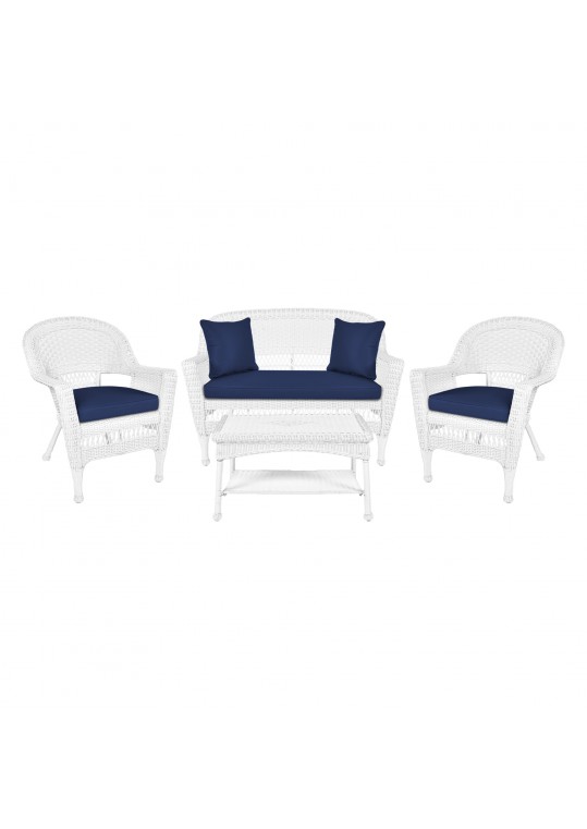 4pc White Wicker Conversation Set - Midnight Blue Cushions
