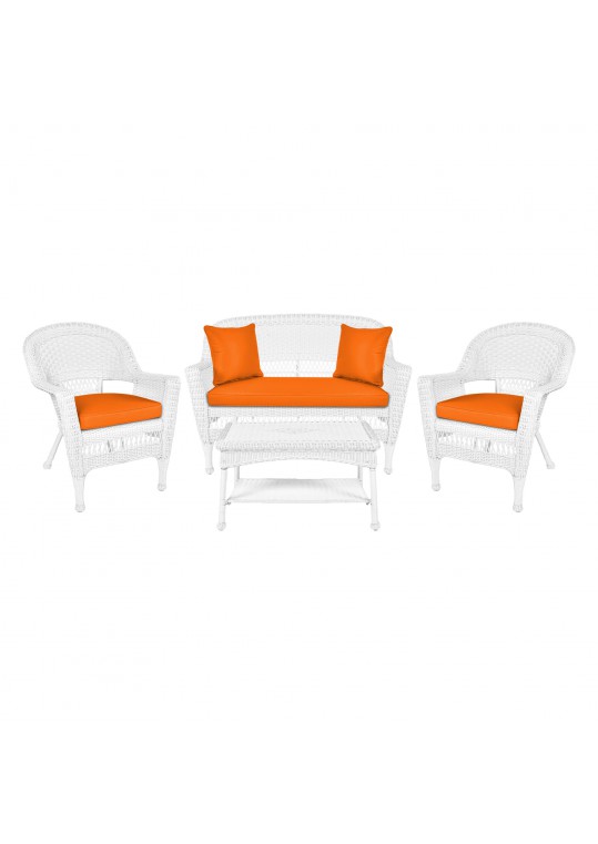 4pc White Wicker Conversation Set - Orange Cushions