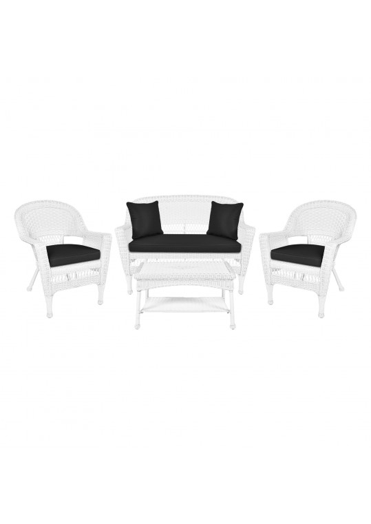 4pc White Wicker Conversation Set - Black Cushions
