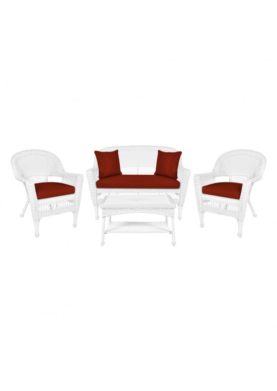 4pc White Wicker Conversation Set - Brick Red Cushions