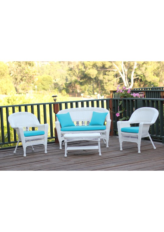 4pc White Wicker Conversation Set - Sky Blue Cushions