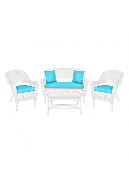 4pc White Wicker Conversation Set - Sky Blue Cushions