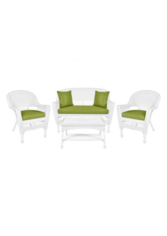 4pc White Wicker Conversation Set - Sage Green Cushions