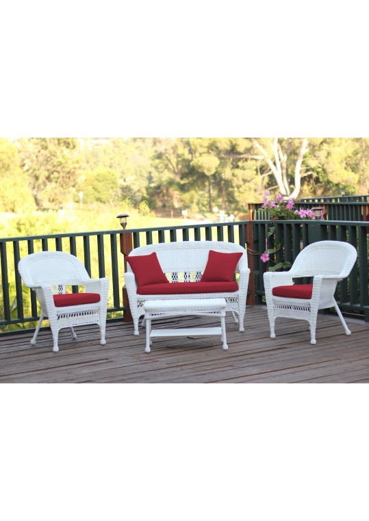 4pc White Wicker Conversation Set - Red Cushions