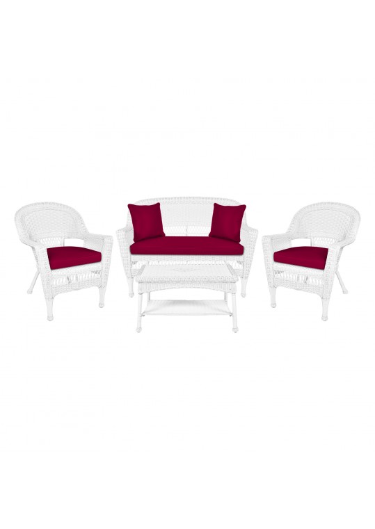 4pc White Wicker Conversation Set - Red Cushions