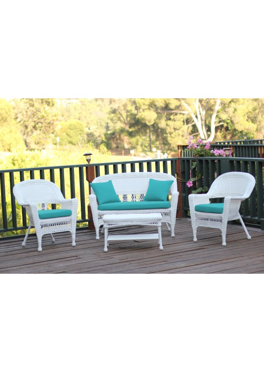 4pc White Wicker Conversation Set - Turquoise Cushions