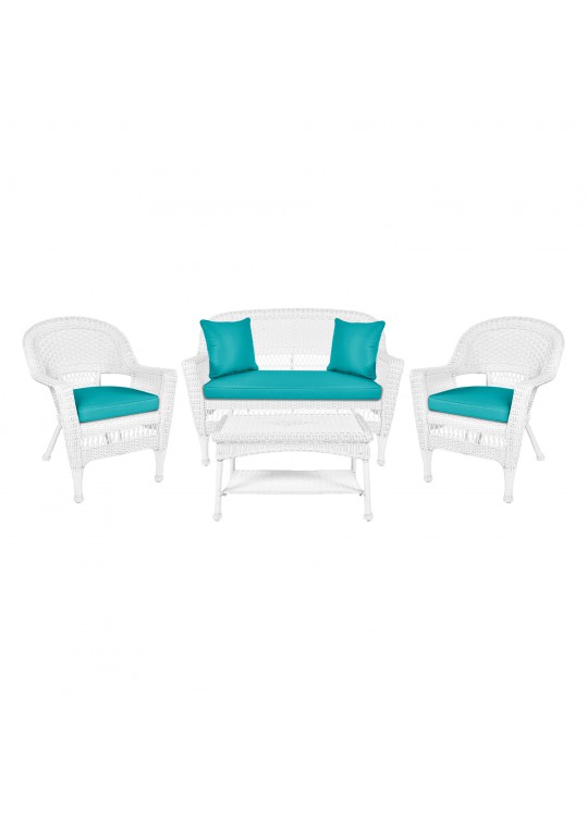 4pc White Wicker Conversation Set - Turquoise Cushions
