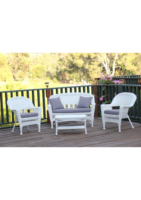 4pc White Wicker Conversation Set - Steel Blue Cushions