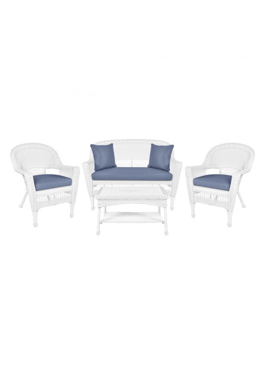 4pc White Wicker Conversation Set - Steel Blue Cushions