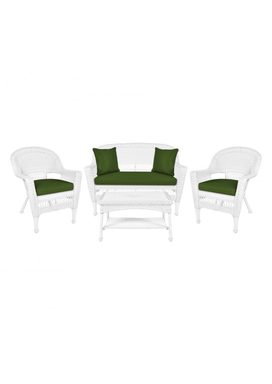 4pc White Wicker Conversation Set - Hunter Green Cushions