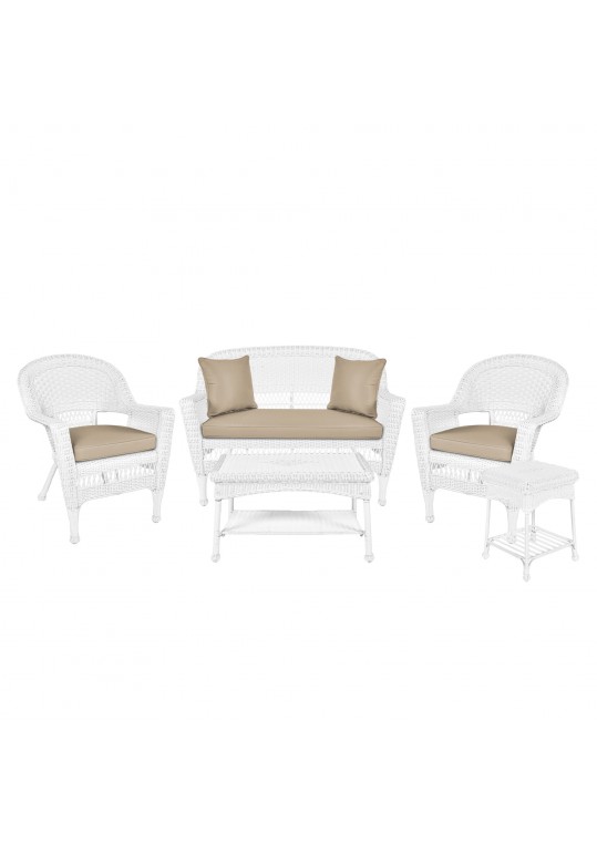 5pc White Wicker Conversation Set - Tan Cushions