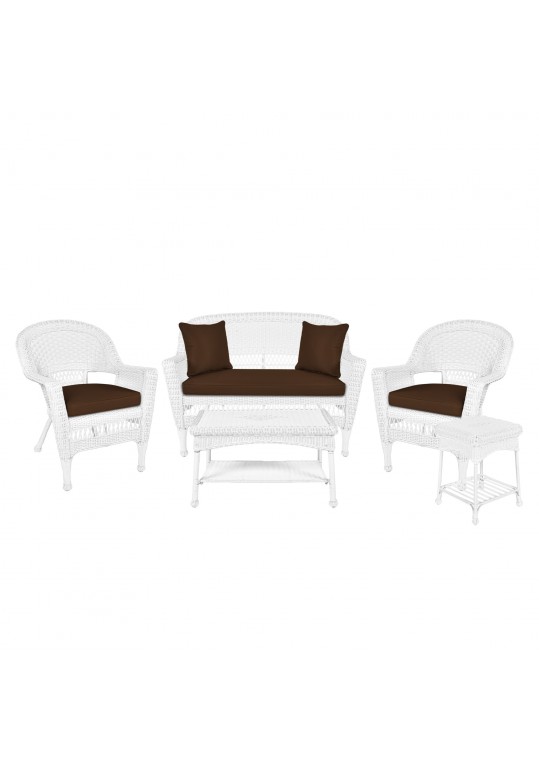 5pc White Wicker Conversation Set - Brown Cushions