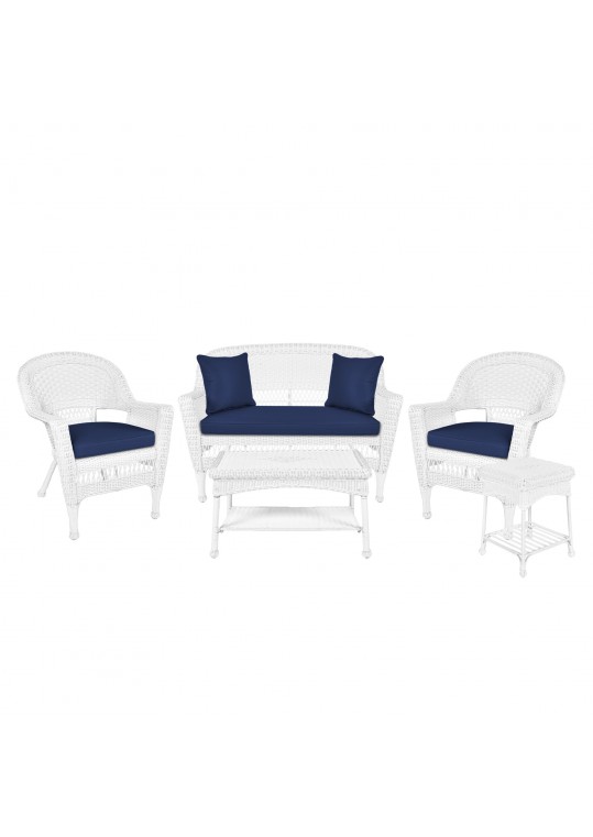5pc White Wicker Conversation Set - Midnight Blue Cushions