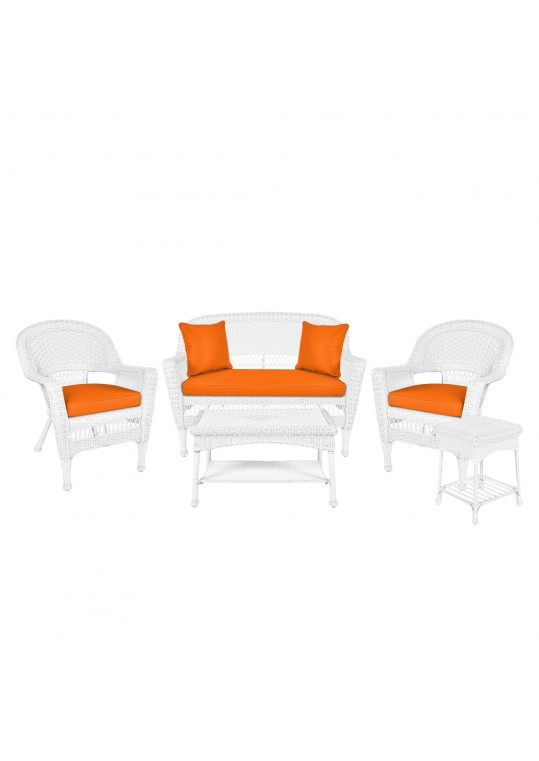 5pc White Wicker Conversation Set - Orange Cushions