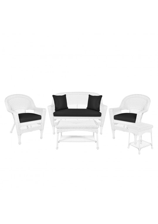 5pc White Wicker Conversation Set - Black Cushions