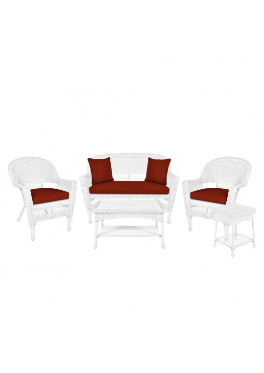 5pc White Wicker Conversation Set - Brick Red Cushions