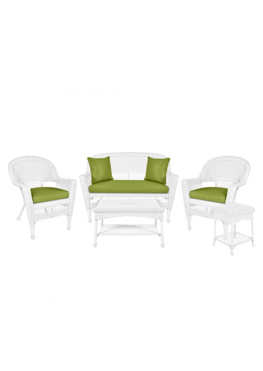 5pc White Wicker Conversation Set - Sage Green Cushions