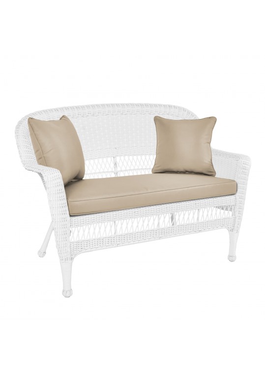 White Wicker Patio Love Seat With Tan Cushion and Pillows