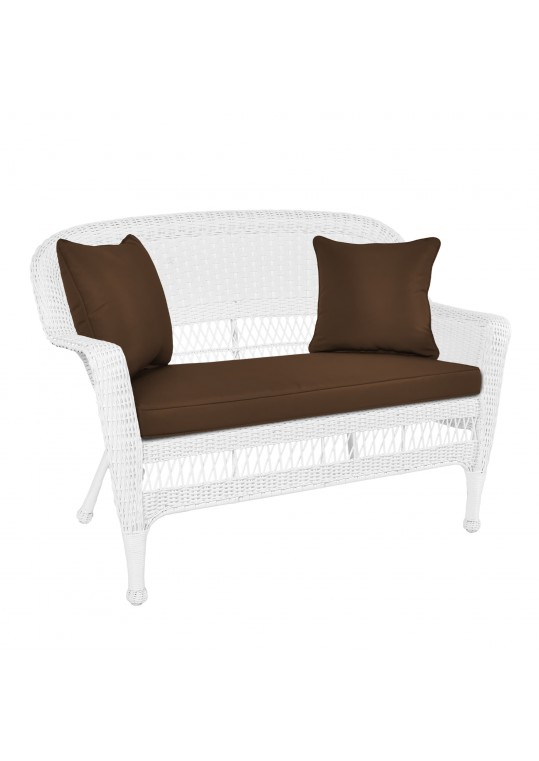 White Wicker Patio Love Seat With Brown Cushion and Pillows
