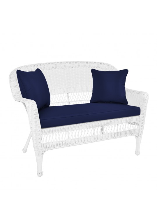 White Wicker Patio Love Seat With Midnight Blue Cushion and Pillows