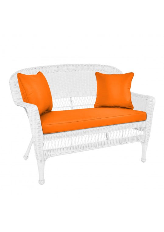 White Wicker Patio Love Seat With Orange Cushion and Pillows