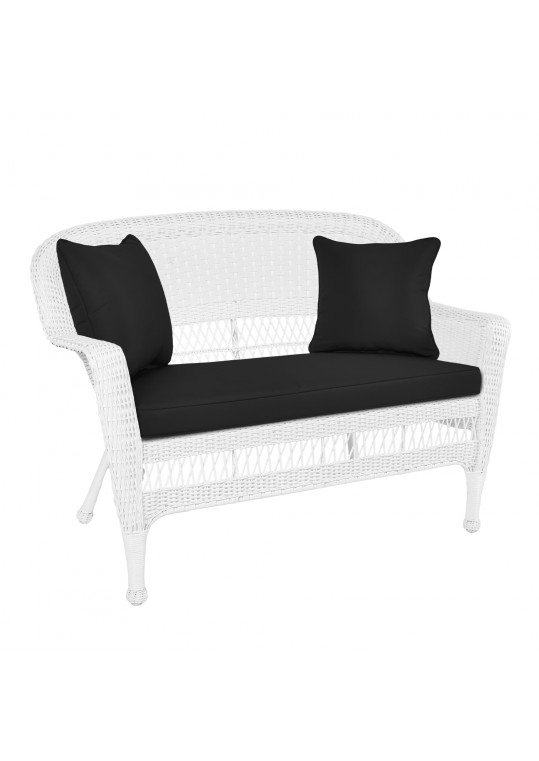 White Wicker Patio Love Seat With Black Cushion and Pillows