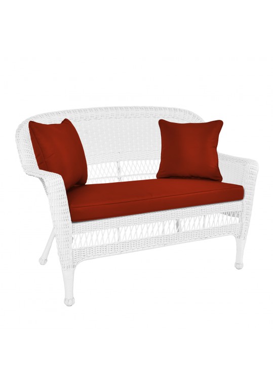 White Wicker Patio Love Seat With Brick Red Cushion and Pillows